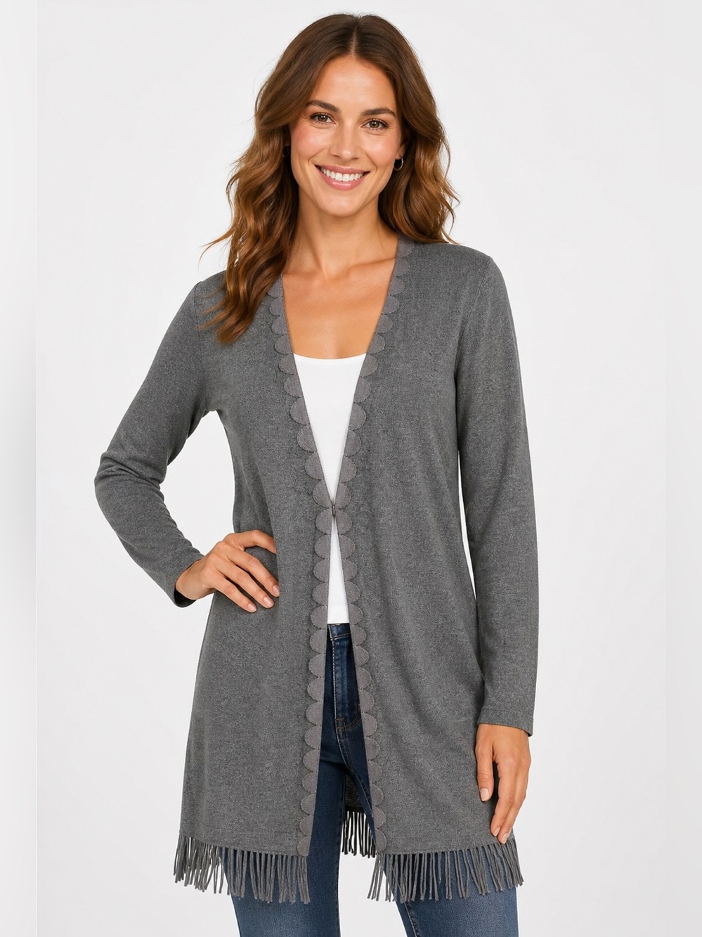 Suede Fringe Soft Cardigan Tunic Gray Women's Size Small Open by GERRY WEBER